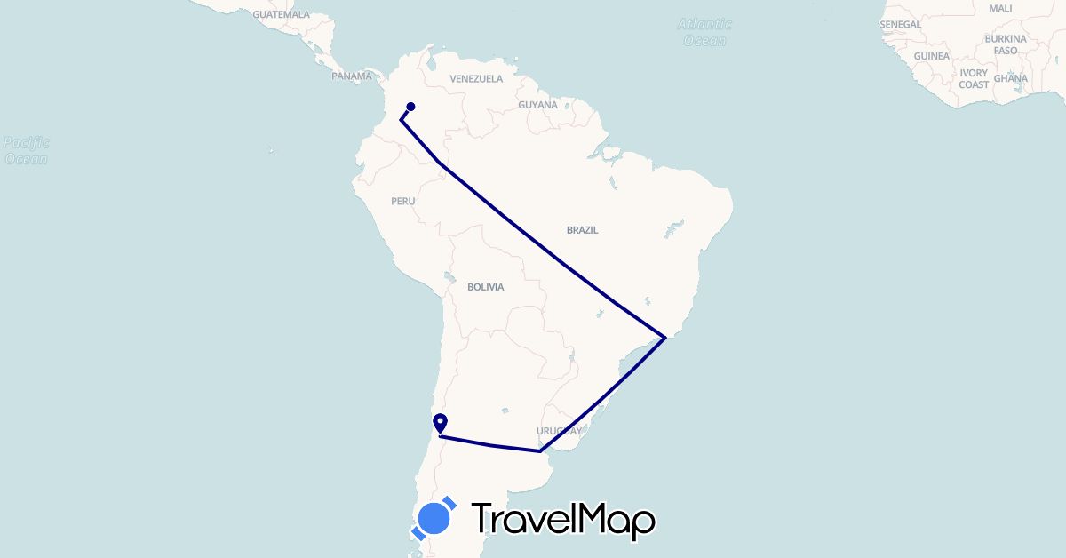 TravelMap itinerary: driving in Argentina, Brazil, Chile, Colombia (South America)